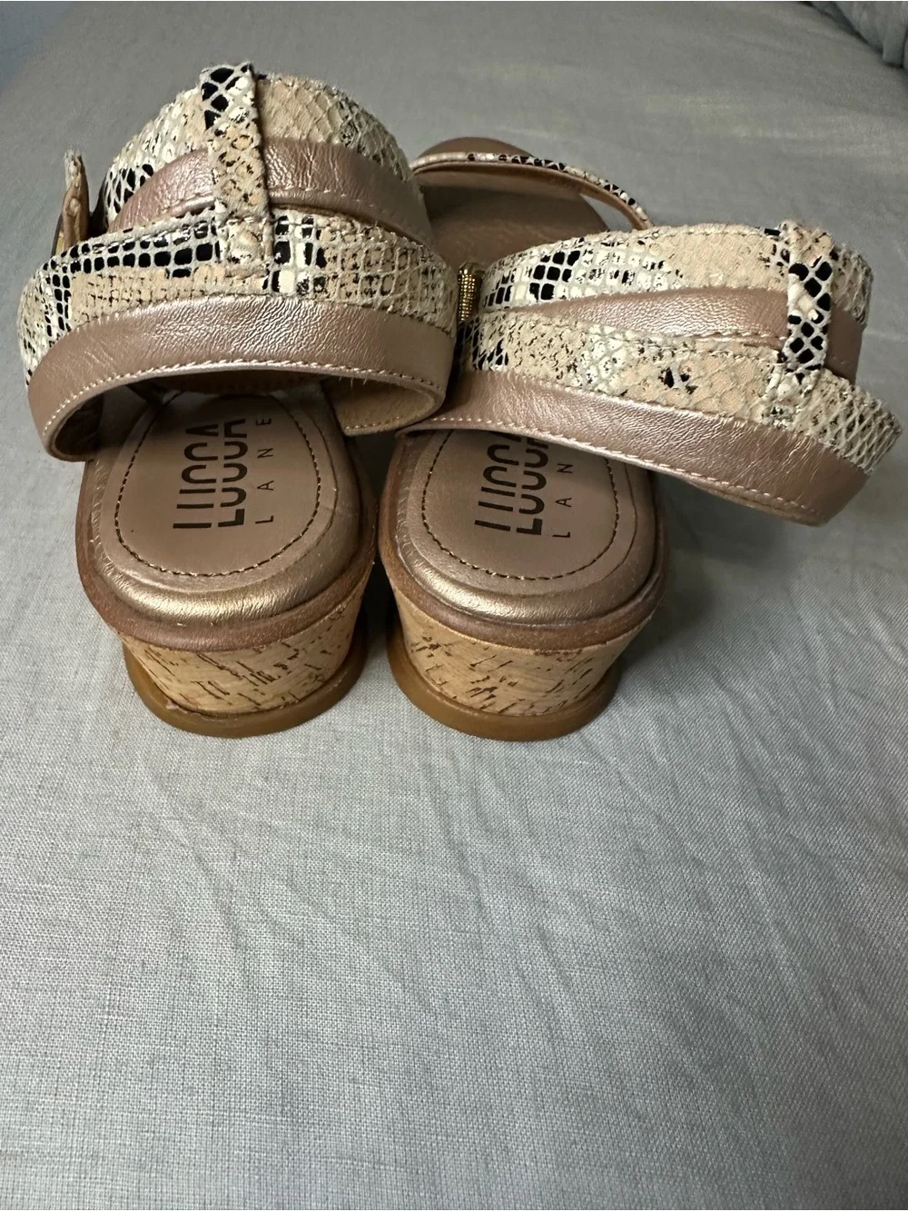 Lucca Lane Karel Cork Wedge Sandals, Metallic  Taupe & Snake Print Size 7 1/2